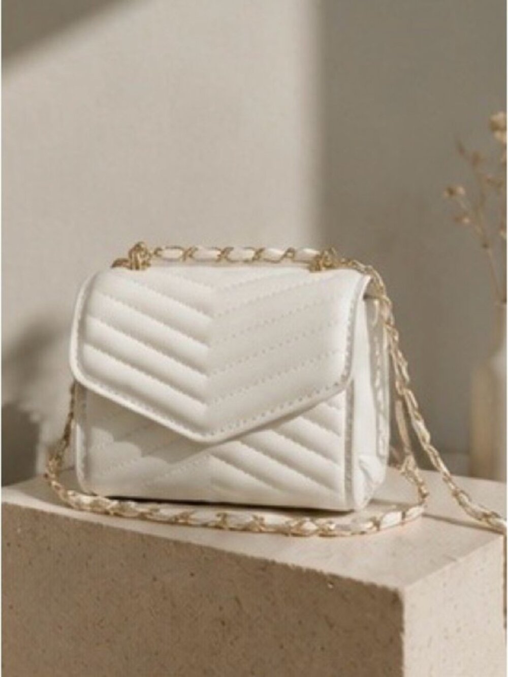 Luxe Quilted White Mini Shoulder Bag with Gold Chain
